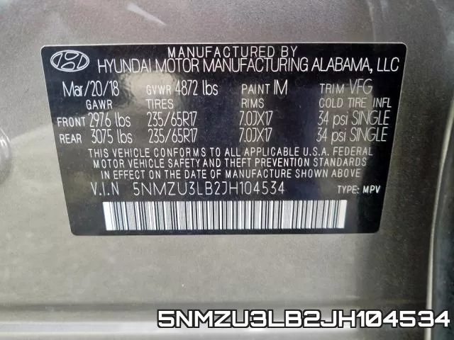 5NMZU3LB2JH104534 фото 2