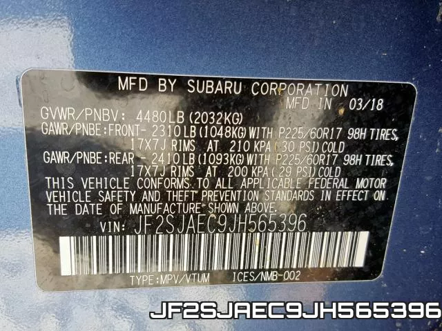 JF2SJAEC9JH565396 фото 2