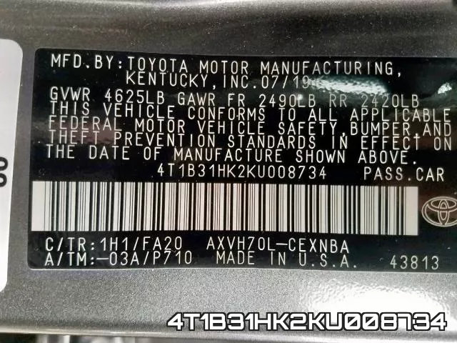 4T1B31HK2KU008734 фото 2