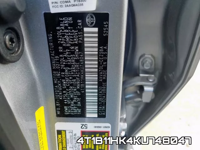 4T1B11HK4KU748047 фото 2