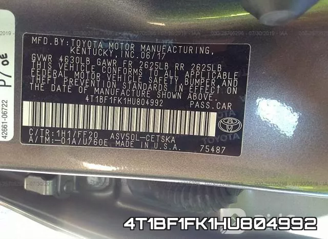 4T1BF1FK1HU804992 фото 10