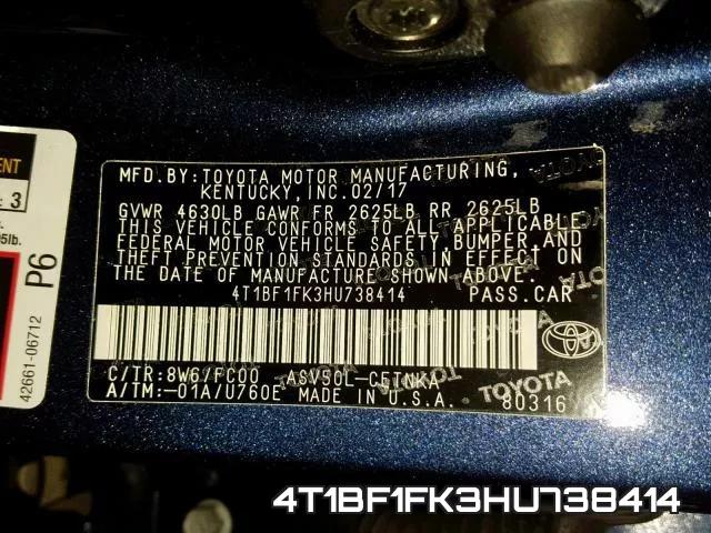 4T1BF1FK3HU738414 фото 2