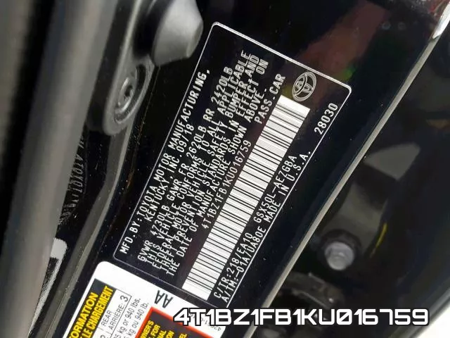 4T1BZ1FB1KU016759 фото 2