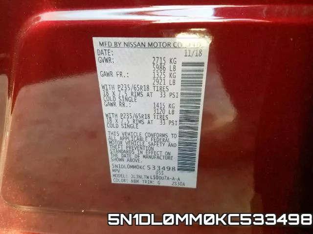5N1DL0MM0KC533498 фото 2