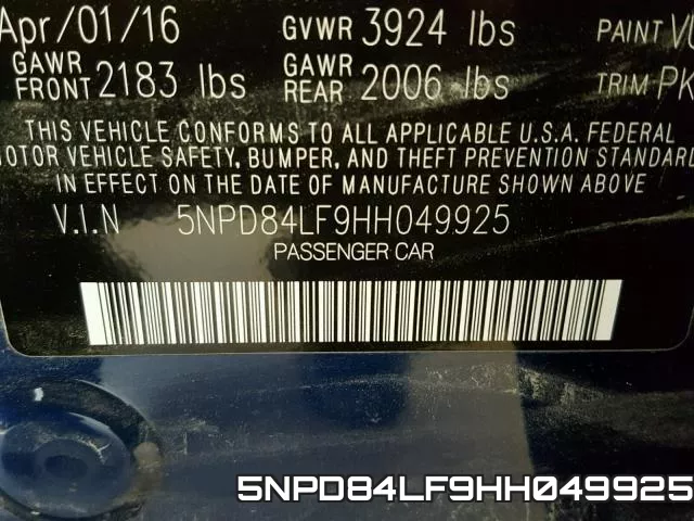 5NPD84LF9HH049925 фото 2