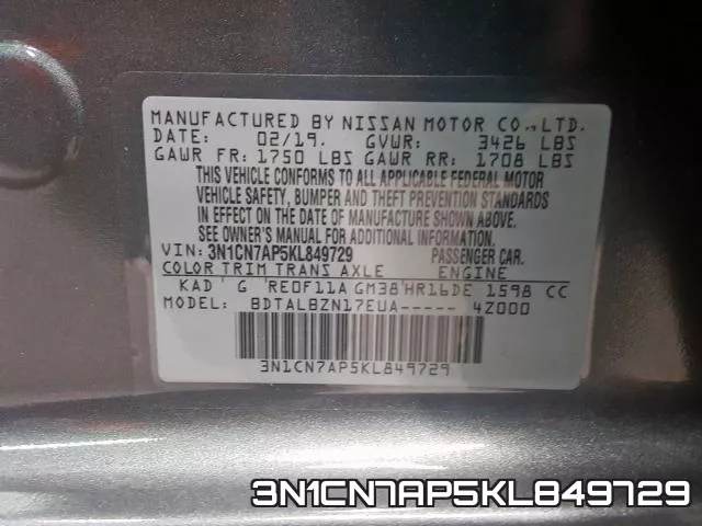 3N1CN7AP5KL849729 фото 2