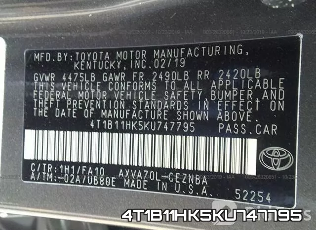 4T1B11HK5KU747795 фото 9