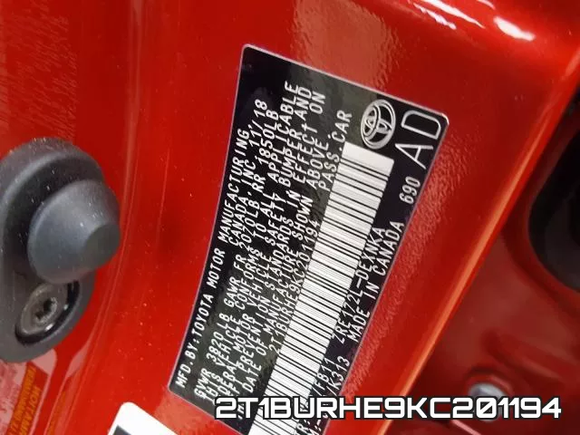 2T1BURHE9KC201194 фото 2