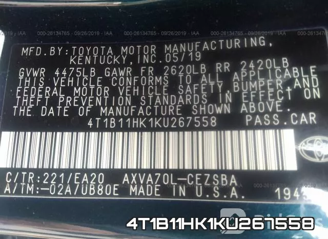 4T1B11HK1KU267558 фото 10