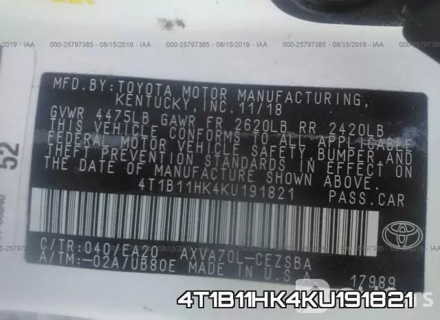 4T1B11HK4KU191821 фото 10