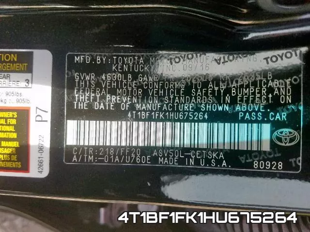 4T1BF1FK1HU675264 фото 2