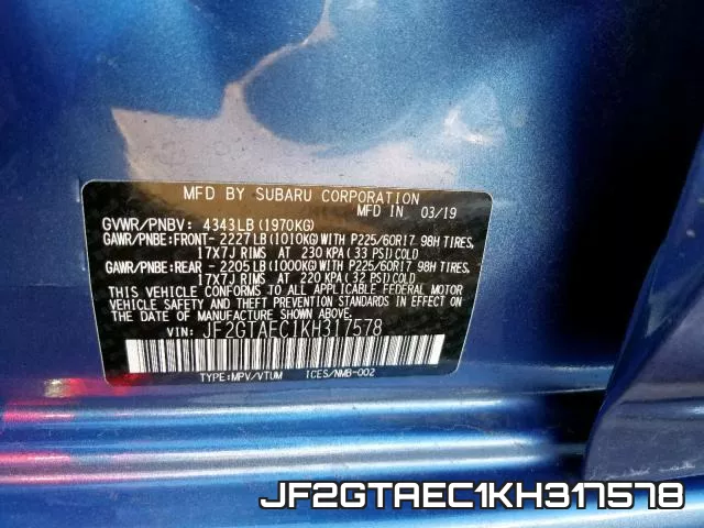 JF2GTAEC1KH317578 фото 2