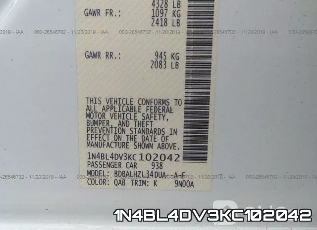 1N4BL4DV3KC102042 фото 9