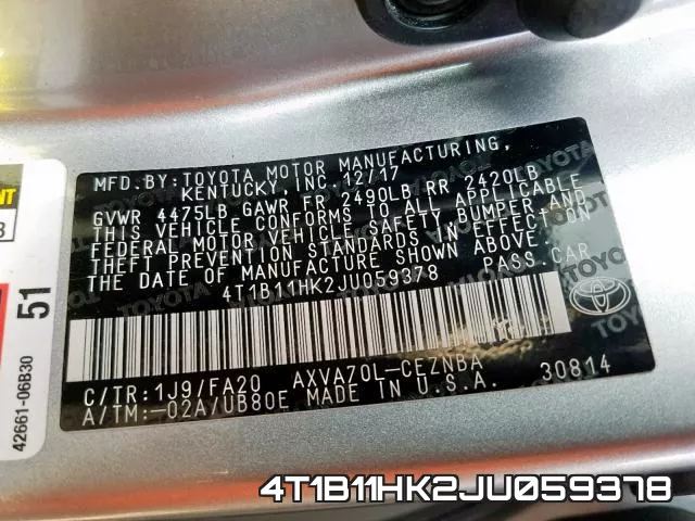 4T1B11HK2JU059378 фото 2
