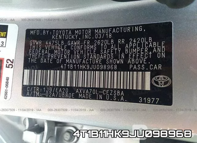 4T1B11HK9JU098968 фото 10