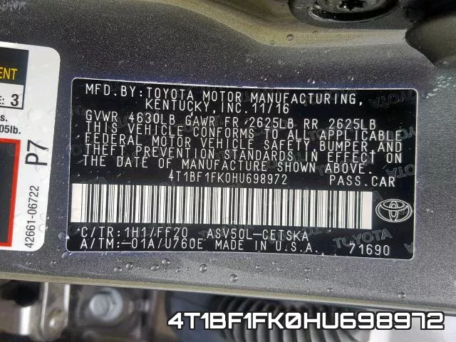 4T1BF1FK0HU698972 фото 2