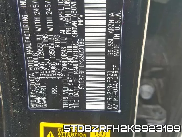 5TDBZRFH2KS923189 фото 2