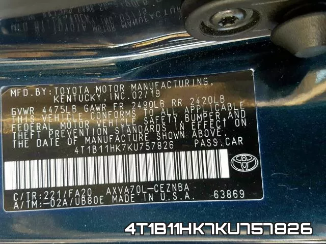 4T1B11HK7KU757826 фото 2