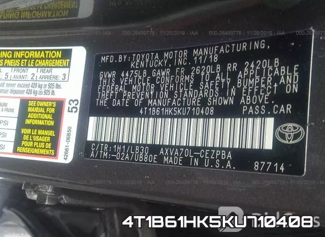 4T1B61HK5KU710408 фото 10