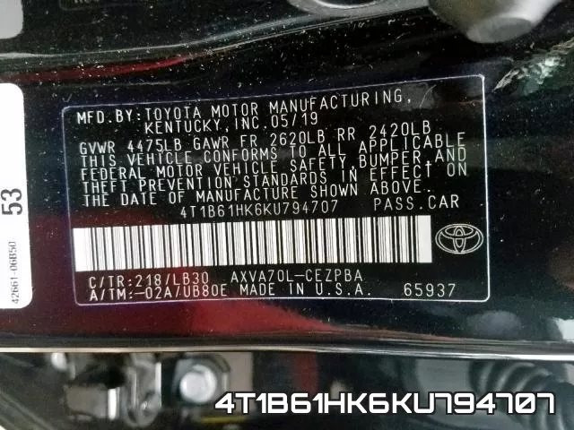 4T1B61HK6KU794707 фото 2