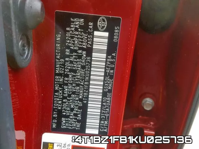 4T1BZ1FB1KU025736 фото 2