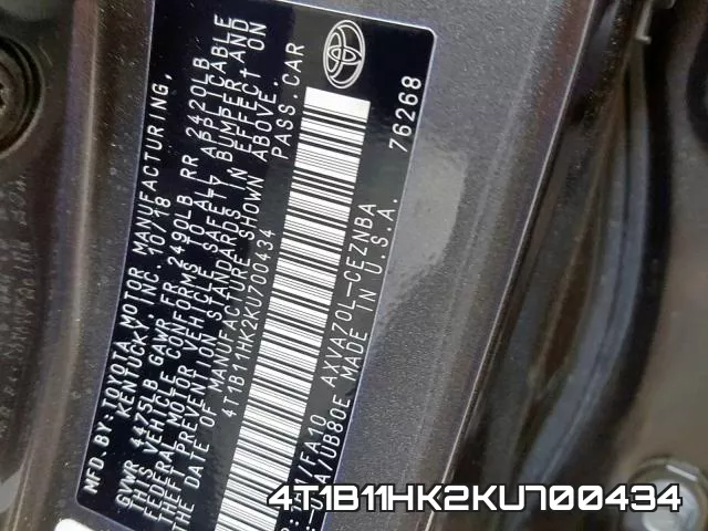 4T1B11HK2KU700434 фото 2
