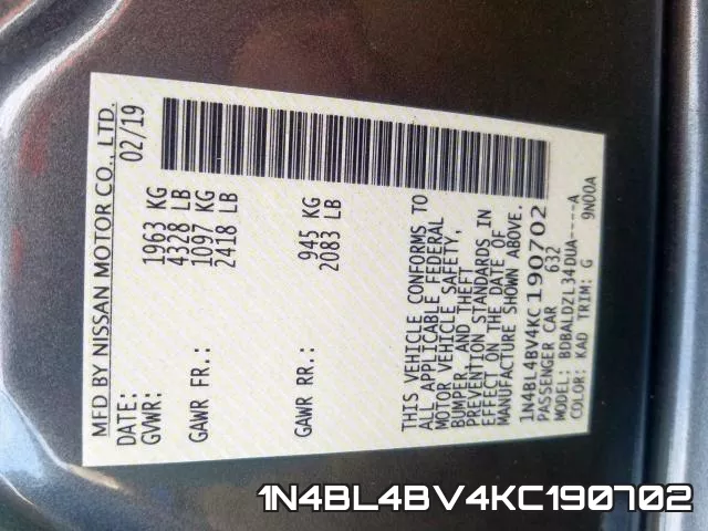 1N4BL4BV4KC190702 фото 2