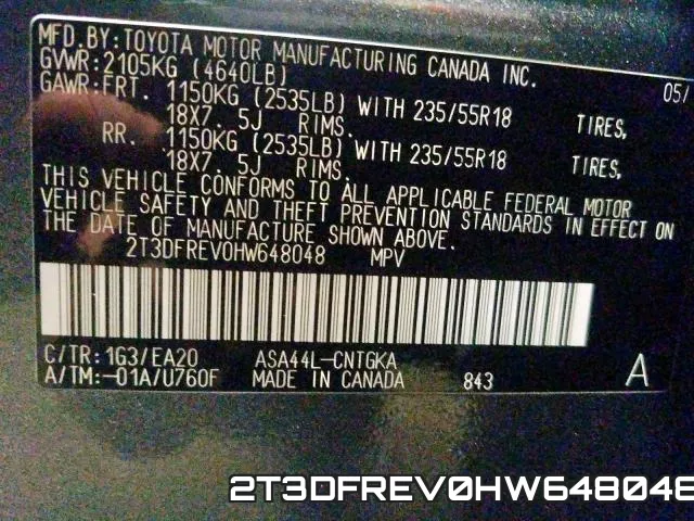 2T3DFREV0HW648048 фото 2