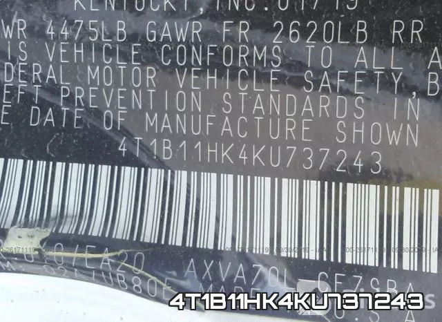 4T1B11HK4KU737243 фото 10