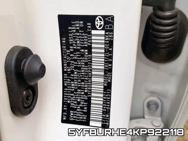 5YFBURHE4KP922118 фото 2