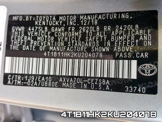 4T1B11HK2KU204078 фото 2