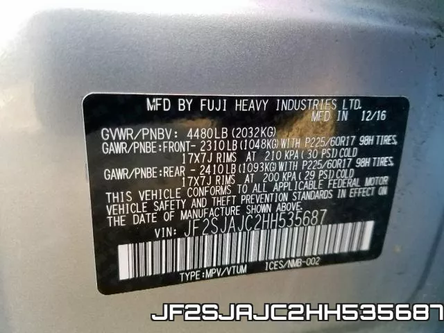 JF2SJAJC2HH535687 фото 2