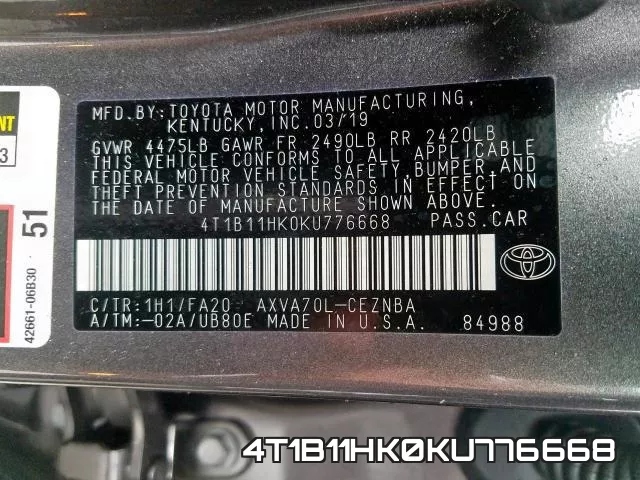 4T1B11HK0KU776668 фото 2