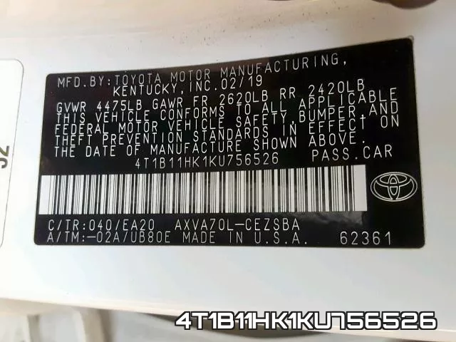 4T1B11HK1KU756526 фото 2