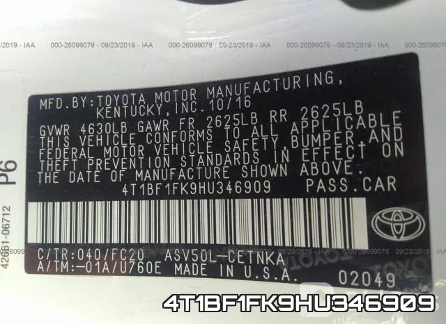 4T1BF1FK9HU346909 фото 10