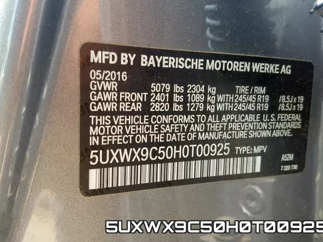 5UXWX9C50H0T00925 фото 2