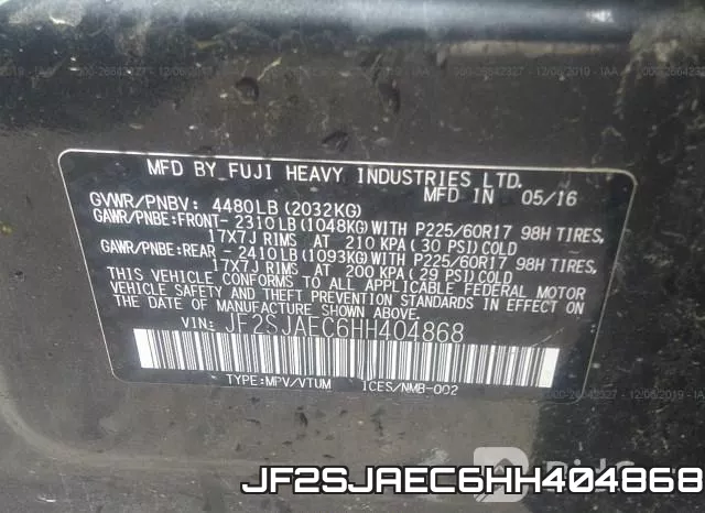 JF2SJAEC6HH404868 фото 8