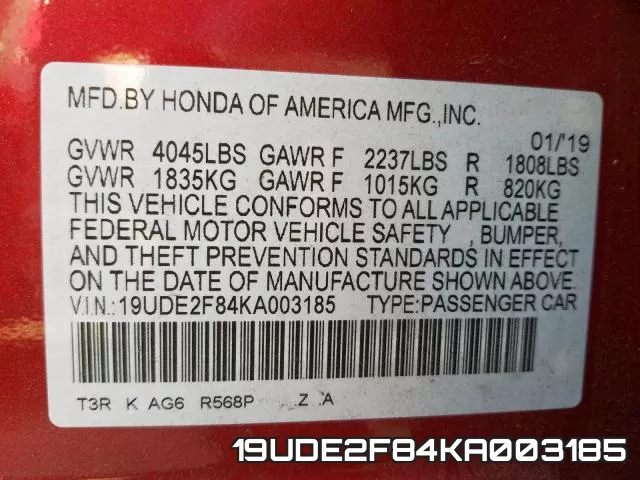 19UDE2F84KA003185 фото 2