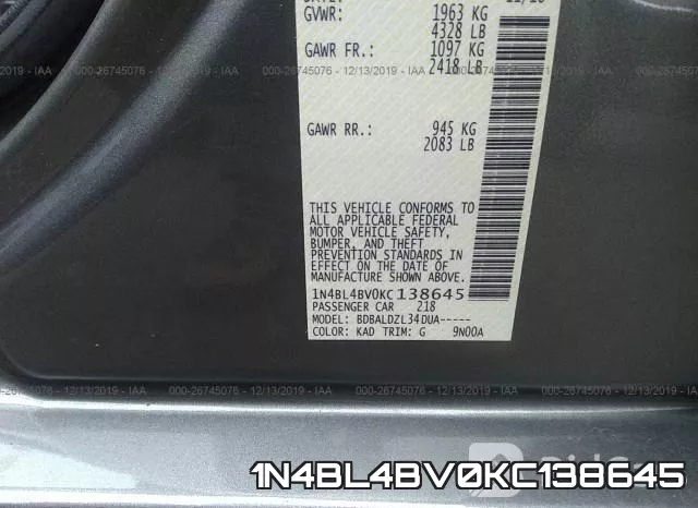 1N4BL4BV0KC138645 фото 10