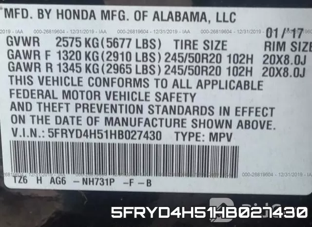 5FRYD4H51HB027430 фото 10