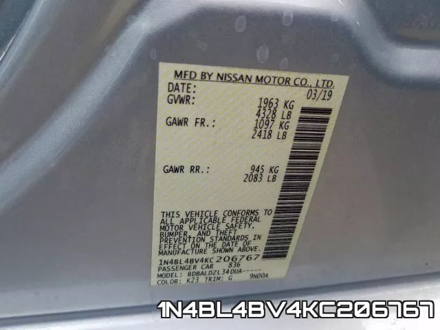 1N4BL4BV4KC206767 фото 2