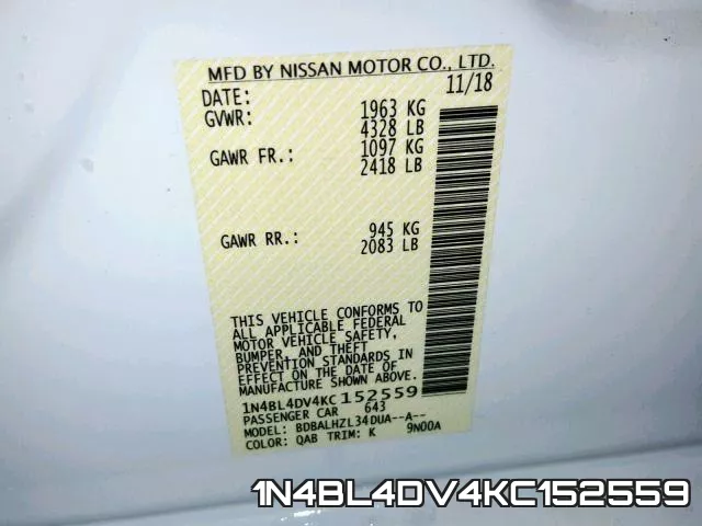 1N4BL4DV4KC152559 фото 2