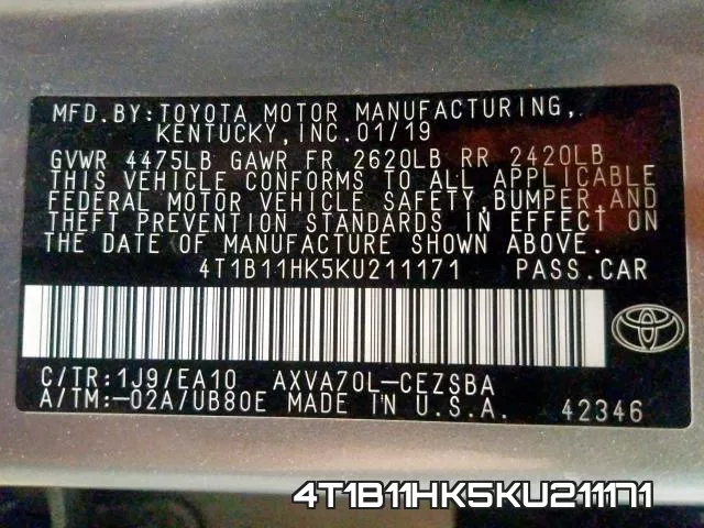 4T1B11HK5KU211171 фото 2