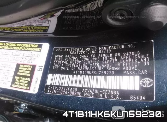 4T1B11HK6KU759230 фото 9
