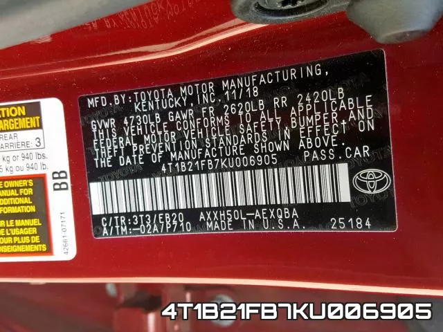 4T1B21FB7KU006905 фото 2