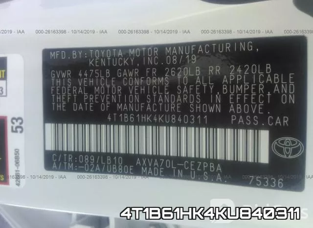 4T1B61HK4KU840311 фото 8