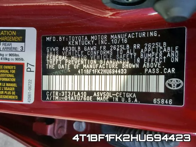 4T1BF1FK2HU694423 фото 2