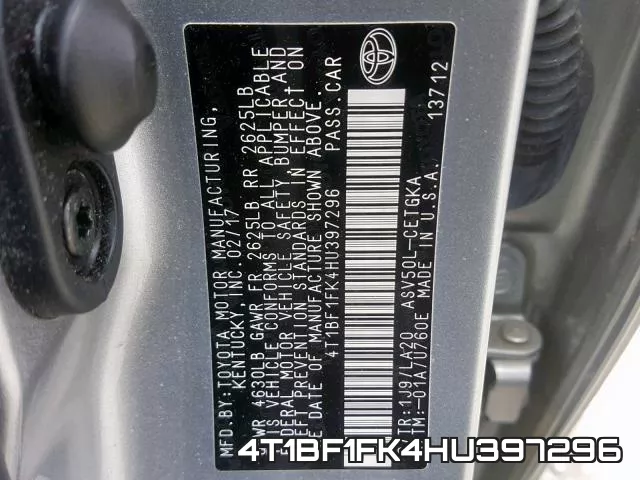 4T1BF1FK4HU397296 фото 2