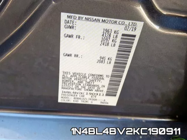 1N4BL4BV2KC190911 фото 2