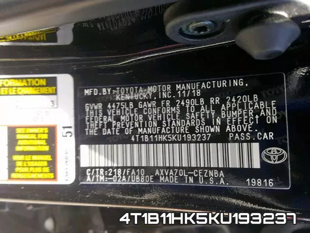 4T1B11HK5KU193237 фото 2